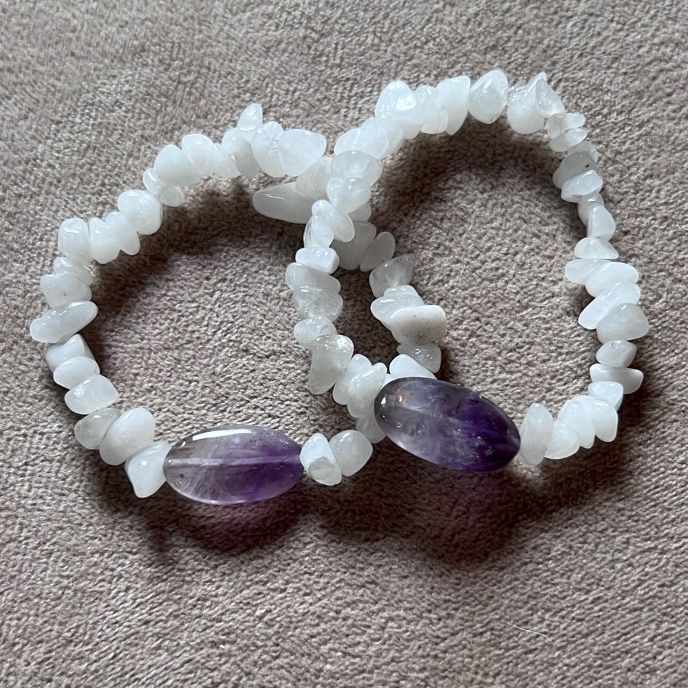 Lot of Two Handmade Natural Chic Chevron Amethyst & White Jade Bracelet, Size 7”